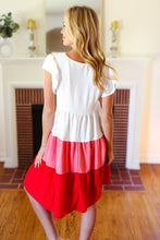 Load image into Gallery viewer, Peach &amp; Cherry Red Tiered Frill Sleeve Midi Dress

