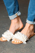 Load image into Gallery viewer, Ivory Linen Fray Beaded Faux Pearl Slide Sandal
