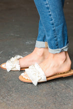 Load image into Gallery viewer, Ivory Linen Fray Beaded Faux Pearl Slide Sandal
