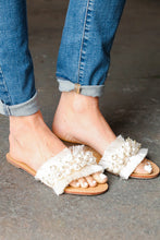 Load image into Gallery viewer, Ivory Linen Fray Beaded Faux Pearl Slide Sandal
