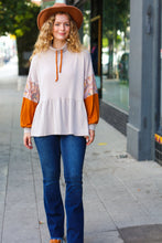 Load image into Gallery viewer, Taupe &amp; Rust Turtleneck Babydoll Terry Top
