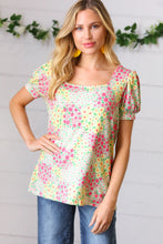 Load image into Gallery viewer, Canary/Mint Floral Square Neck Bubble Sleeve Top
