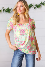 Load image into Gallery viewer, Canary/Mint Floral Square Neck Bubble Sleeve Top
