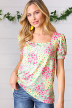 Load image into Gallery viewer, Canary/Mint Floral Square Neck Bubble Sleeve Top
