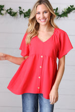 Load image into Gallery viewer, Cherry Red Babydoll Button Down Raglan Woven Top

