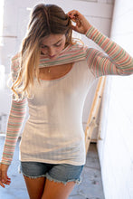 Load image into Gallery viewer, Cream Multicolor Stripe Round Neck Cut Out Top
