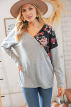 Load image into Gallery viewer, Grey &amp; Black Floral Surplice Button Knit Top
