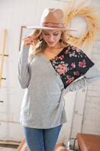 Load image into Gallery viewer, Grey &amp; Black Floral Surplice Button Knit Top
