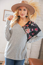 Load image into Gallery viewer, Grey &amp; Black Floral Surplice Button Knit Top
