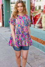 Load image into Gallery viewer, Femme' Fuchsia &amp; Navy Floral Ruffle Hem Tiered Top
