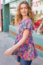Load image into Gallery viewer, Femme' Fuchsia &amp; Navy Floral Ruffle Hem Tiered Top
