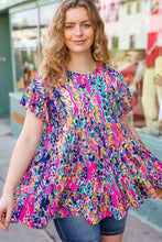 Load image into Gallery viewer, Femme' Fuchsia &amp; Navy Floral Ruffle Hem Tiered Top
