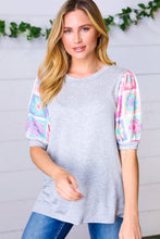 Load image into Gallery viewer, Grey Floral Crochet Print Puff Sleeve Top
