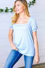 Load image into Gallery viewer, Light Blue Wide Rib Puff Sleeve Top
