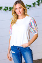 Load image into Gallery viewer, Ivory Multicolor Vertical Stripe Puff Sleeve Top
