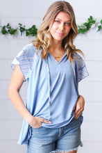 Load image into Gallery viewer, Blue Floral &amp; Stripe V Neck Tie Double Flutter Sleeve Top
