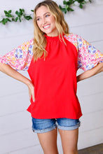 Load image into Gallery viewer, Cardinal Red Frilled Mock Neck Floral Puff Sleeve Top
