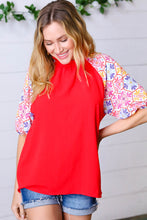 Load image into Gallery viewer, Cardinal Red Frilled Mock Neck Floral Puff Sleeve Top
