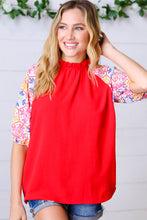 Load image into Gallery viewer, Cardinal Red Frilled Mock Neck Floral Puff Sleeve Top
