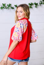 Load image into Gallery viewer, Cardinal Red Frilled Mock Neck Floral Puff Sleeve Top
