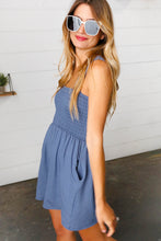 Load image into Gallery viewer, Dusty Blue Terry Smocked Tank Top Baggy Shorts Romper
