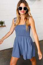 Load image into Gallery viewer, Dusty Blue Terry Smocked Tank Top Baggy Shorts Romper
