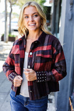 Load image into Gallery viewer, City Streets Burgundy &amp; Rust Plaid Studded Cropped Jacket
