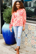 Load image into Gallery viewer, Be Bold Red &amp; Coral Floral Long Sleeve Bow Tie Contrast Binding Top
