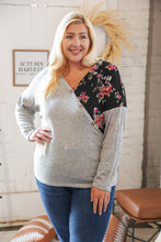 Load image into Gallery viewer, Grey &amp; Black Floral Surplice Button Knit Top
