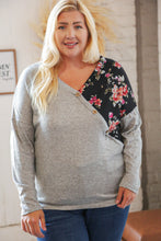 Load image into Gallery viewer, Grey &amp; Black Floral Surplice Button Knit Top
