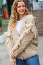 Load image into Gallery viewer, Weekend Ready Oatmeal V Neck Fringe Chunky Cable Cardigan
