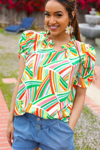 Load image into Gallery viewer, Hello Beautiful Green &amp; Orange Geo Frill Notch Neck Puff Sleeve Top
