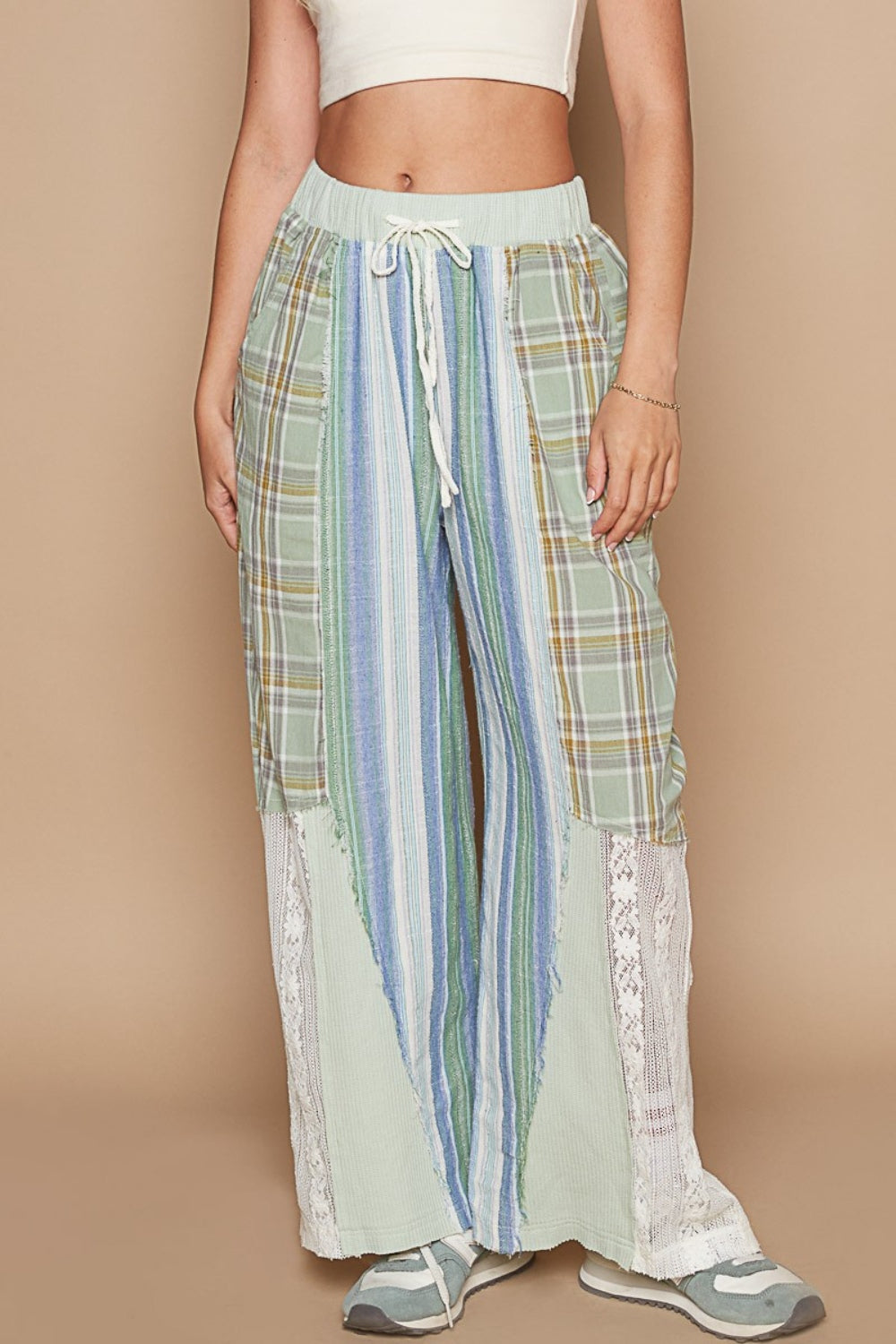 Drawstring Plaid Print Lace Straight Pants- POL