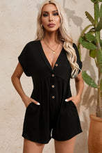 Load image into Gallery viewer, Black V Neck Buttons Loose Cuffed Short Sleeve Romper
