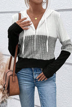 Load image into Gallery viewer, DEAR LOVE- Black Color Block Ribbed Half Zip Drawstring Hooded Top
