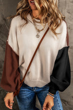 Load image into Gallery viewer, Coffee Colorblock Bishop Sleeve Ribbed Trim Sweater
