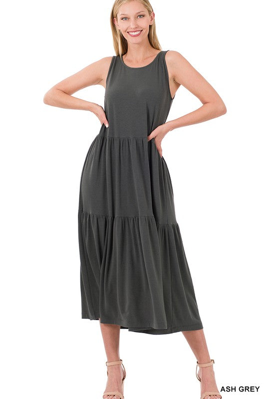 ZENANA- Day in the Sun Sleeveless Tiered Midi Dress