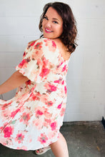 Load image into Gallery viewer, Peach Floral Chiffon Puff Sleeve Dress

