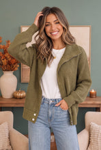 Load image into Gallery viewer, On Set Zip-Up Ribbed Sweater Jacket in Olive

