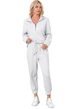 Load image into Gallery viewer, Gray Solid Half Zipped Drawstring High Waist Lounge Set
