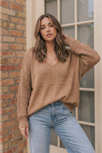 Load image into Gallery viewer, Cozy Caramel V-Neck Sweater with Crochet Sleeves
