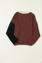Load image into Gallery viewer, Coffee Colorblock Bishop Sleeve Ribbed Trim Sweater
