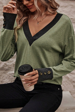 Load image into Gallery viewer, Moss Green Contrast V Neck Button Cuffed Long Sleeve Top
