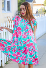 Load image into Gallery viewer, Diva Dreaming Aqua Floral Print Tiered Ruffle Sleeve Dress
