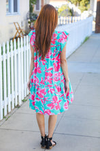 Load image into Gallery viewer, Diva Dreaming Aqua Floral Print Tiered Ruffle Sleeve Dress
