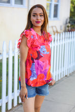 Load image into Gallery viewer, Look of Love Red &amp; Fuchsia Floral Smocked Ruffle Frill Sleeve Top
