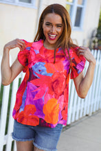 Load image into Gallery viewer, Look of Love Red &amp; Fuchsia Floral Smocked Ruffle Frill Sleeve Top
