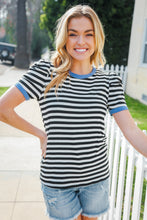 Load image into Gallery viewer, Seize The Day Blue Trim Black &amp; Ivory Stripe Knit Top
