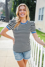 Load image into Gallery viewer, Seize The Day Blue Trim Black &amp; Ivory Stripe Knit Top
