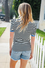 Load image into Gallery viewer, Seize The Day Blue Trim Black &amp; Ivory Stripe Knit Top
